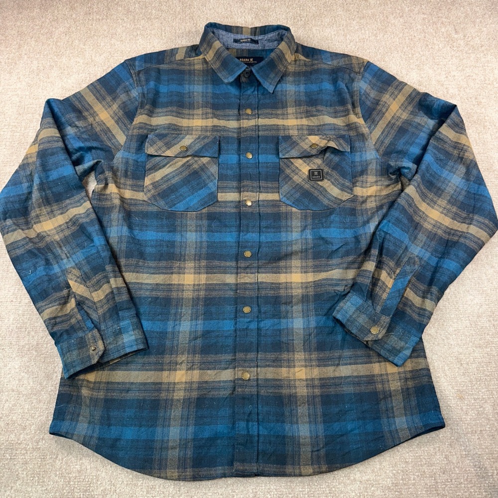 Roark Revival Mens Plaid Flannel Shirt Blue Tan Classic Fit Snap Front Medium